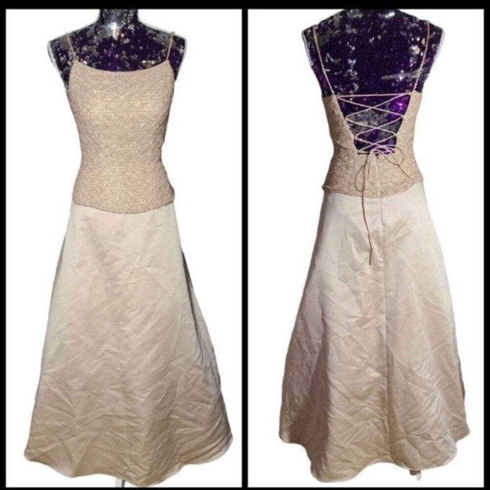 Vintage Avanti Designs 90s Y2K Prom Size 4 Champagne Gold Beaded Ball Gown Dress